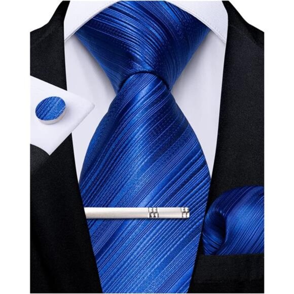 Men's Stripe Tie Silk Woven Necktie Pocket Square Cufflink Set Formal Business - Picture 1 of 7